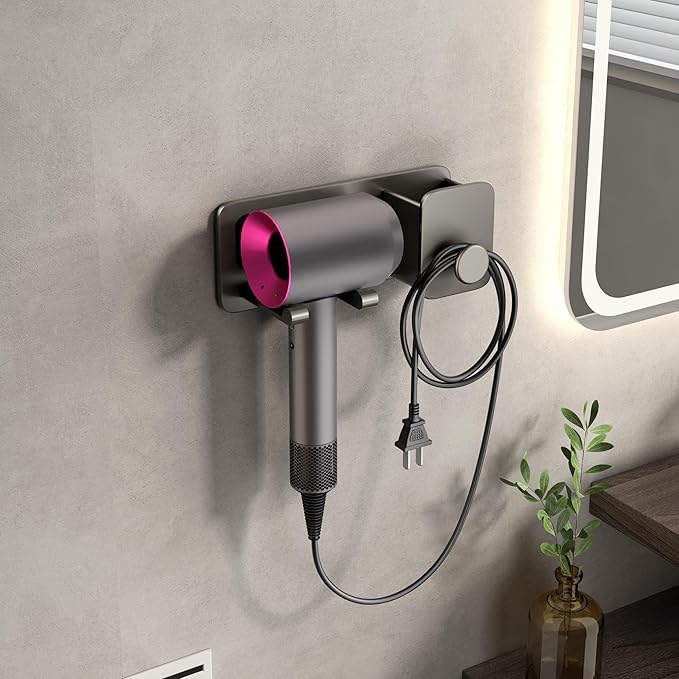 Voldra Hair Dryer Holder Wall Mounted, Self-Adhesive Blow Dryer Organizer Hair Brush Holder Wall Mount with Plug&Cord Organizer for Bathroom 1 Pack(Gray)