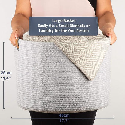 DENJA & CO Large Blanket Basket for Living Room - Decorative Woven Baskets for Storage | Cotton Rope Large Baskets for Blankets, Pillows, Toys, or Laundry | Light Gray (17.7" Wide x 11.4" Tall)