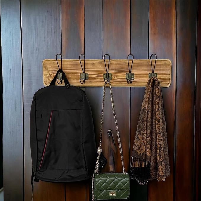 Coat Rack Wall Mount – 24” Reclaimed Burnt Pine Wood with 5 Hooks, Rustic Wooden Wall Mounted Organizer with Wall Hooks for Hanging, Farmhouse Entryway, Hallway, Bathroom, or Bedroom