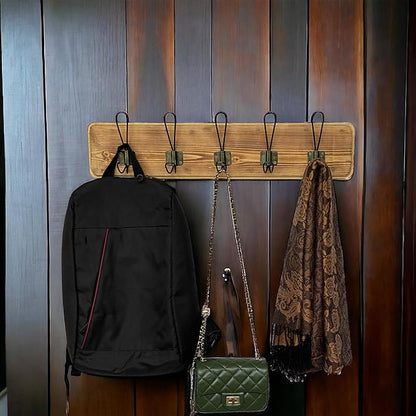 Coat Rack Wall Mount – 24” Reclaimed Burnt Pine Wood with 5 Hooks, Rustic Wooden Wall Mounted Organizer with Wall Hooks for Hanging, Farmhouse Entryway, Hallway, Bathroom, or Bedroom