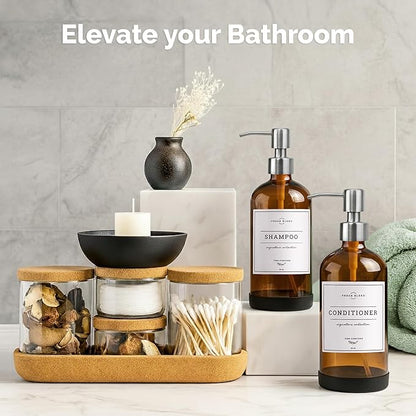 Vine Creations Amber Glass Soap Dispenser, 2 Pack Kitchen Soap Dispenser Set with Stainless Steel Pump, 16 oz Hand Soap or Dish Soap for Bathroom or Kitchen with Waterproof Labels