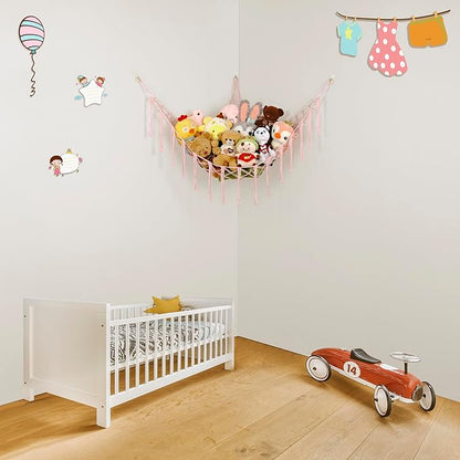 Stuffed Animal Hammock Corner, Hand-knitted Large Plushie Net Toy Hammock with Wooden Rings | Boho Cute Stuff Animal Storage for Nursery & Bedroom | Mesh Kids Toy Organizer Holder Nursery Room Decor
