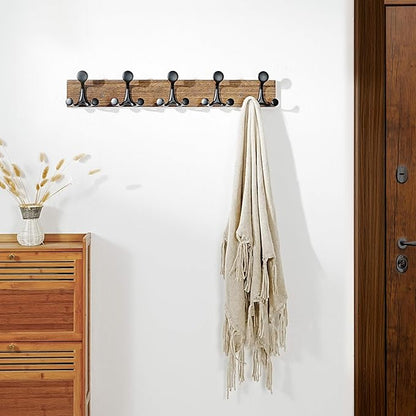 SKOLOO 24-Inch Wood Burnt Coat Rack Wall Mount with 5 Triple Hooks - Ideal for Family Entrances, Classrooms, and Pet Supplies Storage - Perfect Coat Hooks for Wall, Pack of 2