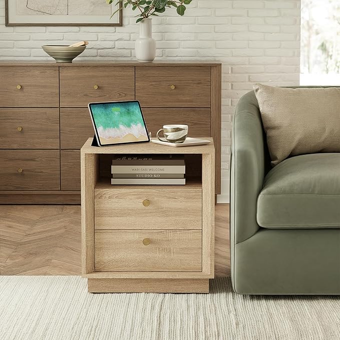 FORTUNETEC Nightstand with Charging Station, Mid Century Modern Nightstand with Wood Grain Texture, Boho End Table with Drawers Storage, Bedside Table for Bedroom Living Room Office, White Oak