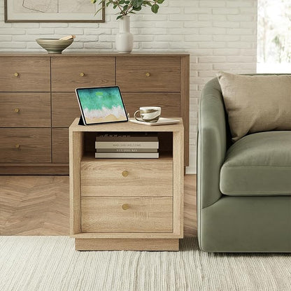 FORTUNETEC Nightstand with Charging Station, Mid Century Modern Nightstand with Wood Grain Texture, Boho End Table with Drawers Storage, Bedside Table for Bedroom Living Room Office, White Oak