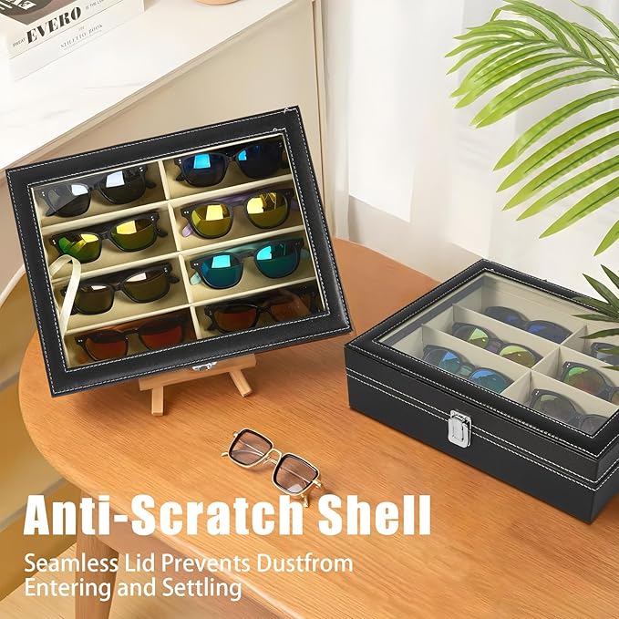 BNFHTD 8-slot synthetic leather Sunglasses Organizer Case for Eyeglasses and Glasses, glasses holder, Includes Cleaning Cloth, for desk and travel