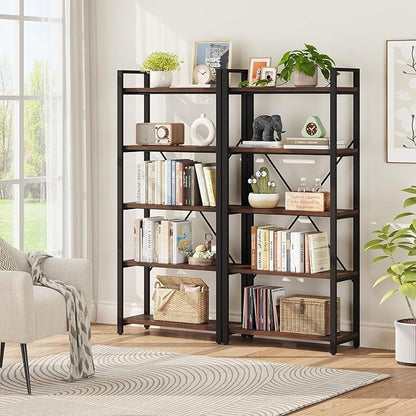 FATORRI 5 Tier Industrial Bookshelf, Rustic Etagere Bookcase for Display, Vintage Shelving Unit Wood and Metal Tall Book Shelves for Home Office (Walnut Brown)