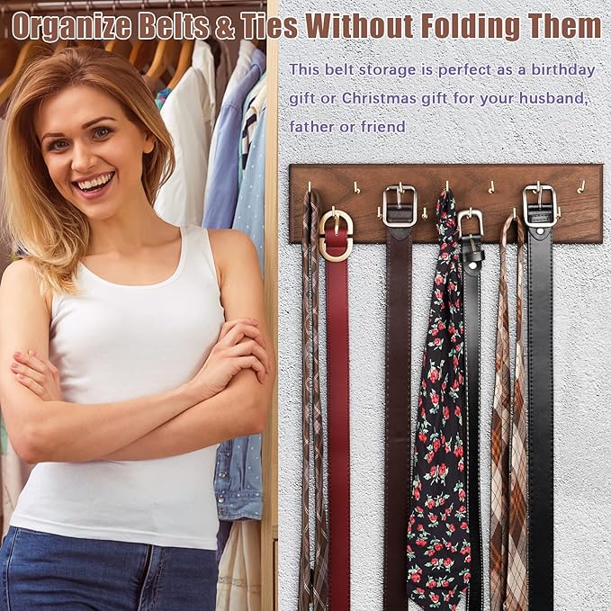 Creproly Belt Organizer - Wall Mounted Hanger for Closet, Holds Over 28 Belts - Wooden Rack with Tie and Scarf Storage (Brown)