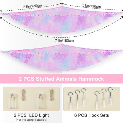 Unicorn Castle Stuffed Animals Net or Hammock Kids Toy Storage Organizer with LED Light Hanging Corner Stuffed Animals Holder Kids Girls Room Decor,Pink-Purple-Yellow,Large (Pack of 2)