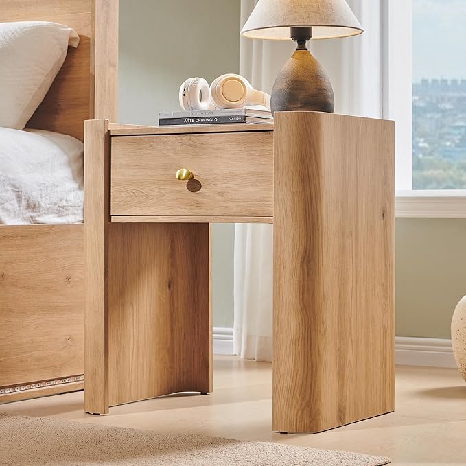 IFGET 23.6" Tall Modern Nightstand with Charging Station, 22" Wide Curved Bedside Table with 1 Storage Drawer, Wooden Night Stand, Large End Table for Bedroom, Living Room, Natural