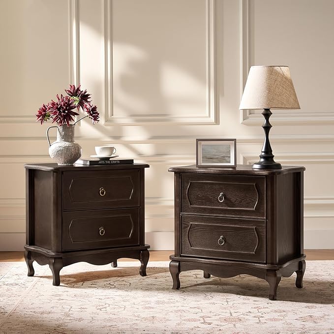 HULALA HOME Nightstand Set of 2 with 2 Drawers of Sculpted Drawer Front, French End Table with Curved Tabletop, Vintage Night Stand with Charging Station, Solid Wood Legs(Walnut)