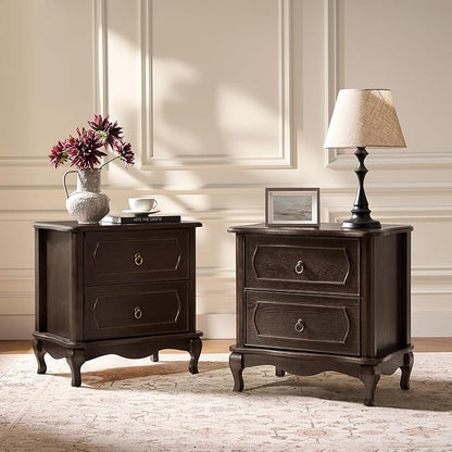 HULALA HOME Nightstand Set of 2 with 2 Drawers of Sculpted Drawer Front, French End Table with Curved Tabletop, Vintage Night Stand with Charging Station, Solid Wood Legs(Walnut)