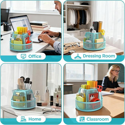 Docnest Mesh 360 Degree Rotating Pen Holder with 6 Compartment,Metal Pencil Cup Art Supply Storage Box Caddy,Teacher Stationery and Dorm Supplies Desk Organizer for Pencil,Sticky Note,Scissors-Blue