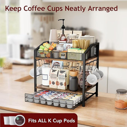Coffee Bar Organizer - Countertop Coffee Station, 42 K Cup holder Storage Basket with Drawer and Hooks for Syrup, Cups, Stirrer, Condiment, Tea Organizer, Black and Brown