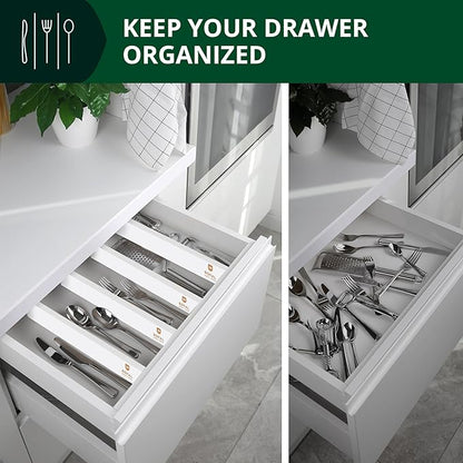 ROYAL CRAFT WOOD Adjustable Bamboo Caddy Expandable Drawer Organization Separators For Kitchen, Dresser, Bedroom, Bathroom and Office, 4-Pack (Large (up to 22)), White