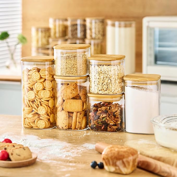 42oz - 4 Pack Square Glass Jars with Bamboo Lids, Glass Food Storage Containers with Airtight Lids for Kitchen, Air Tight Pantry Storage Containers for Cereal, Pasta, Rice, Sugar, Coffee, Spice