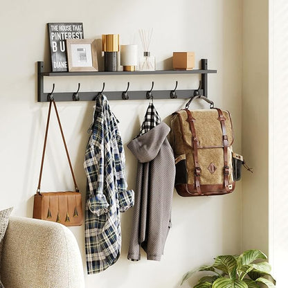 BAMEOS Wall Hooks with Shelf 35 Inch Length Entryway Hanging Shelf Wood Coat Hooks Wall-Mounted Coat Hook Rack with 7 Dual Hooks for Bathroom, Living Room, Bedroom (Black)