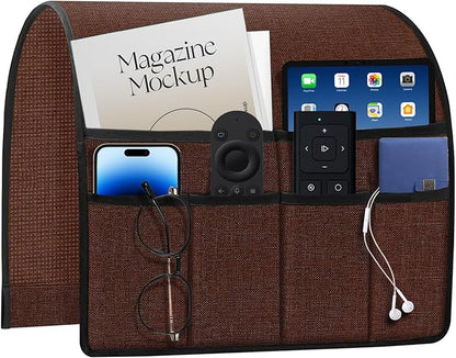 HAPLIFEZ Remote Holder for Recliner Armchair & Couch, Non Slip Sofa Armrest Organizer Caddy with 6 Pockets Thick Linen Fabric Storage for Tablet, Phone, iPad, 19x35 Inches, Chocolate