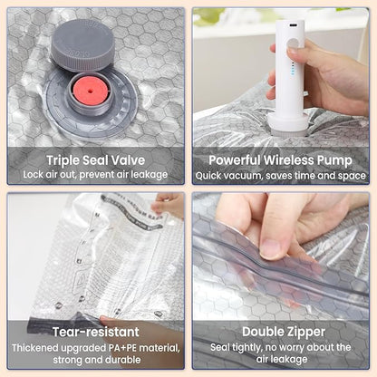 Vacuum Bags for Travel with Rechargeable Electric Pump, 12 PCS (4S,4M,4L) Storage Bags Vacuum Sealed, Space Saver Bags Carry-on Size Compression Packing Bags for Luggage and Suitcase