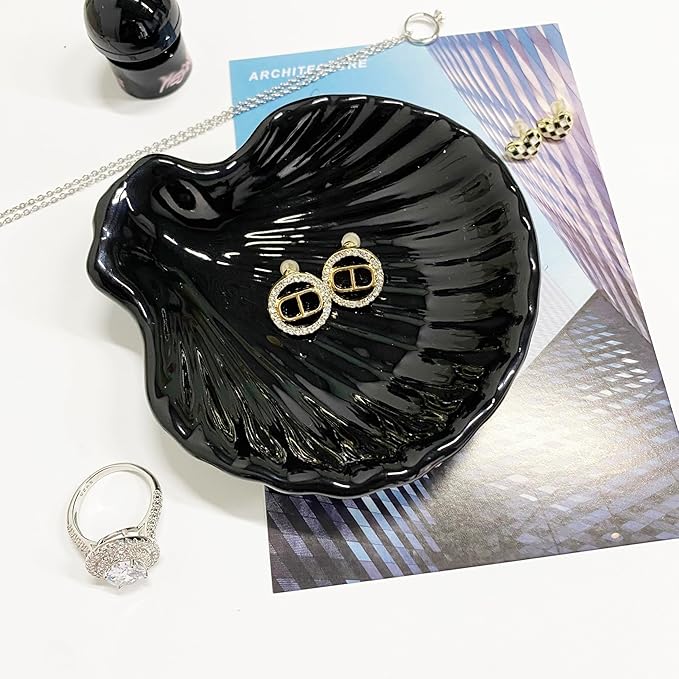 GO2HEJING Shell Shape Ring Holder Dish, Seashell Jewelry Dish Tray, Ceramic Trinket Tray for Rings Earrings Necklaces Bracelet, Birthday Mother's Day Christmas Gift for Mom Friend Sister, 3.9", Black