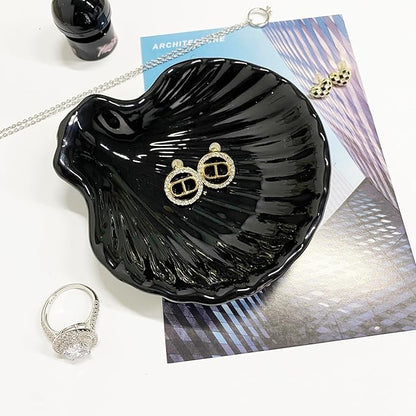 GO2HEJING Shell Shape Ring Holder Dish, Seashell Jewelry Dish Tray, Ceramic Trinket Tray for Rings Earrings Necklaces Bracelet, Birthday Mother's Day Christmas Gift for Mom Friend Sister, 3.9", Black