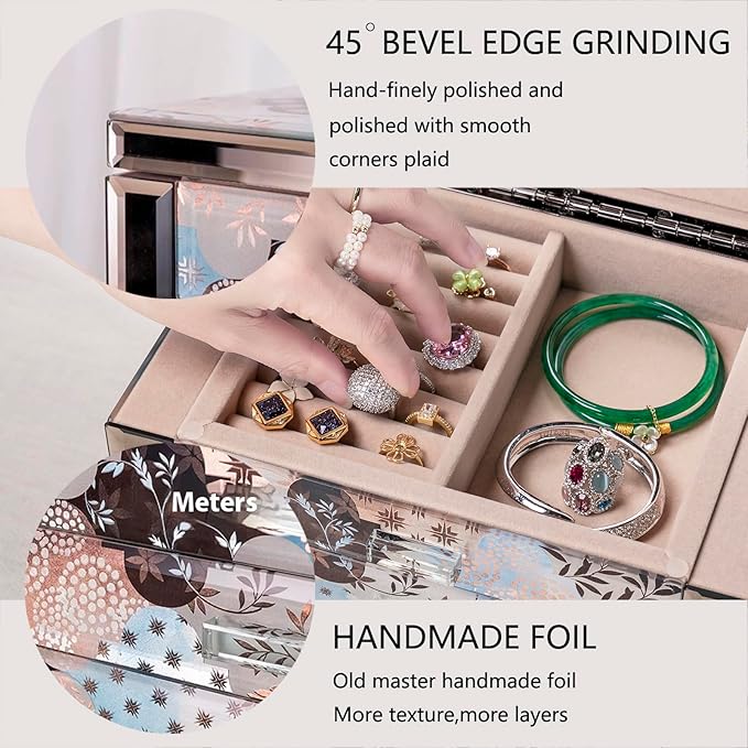 Homruilink High End Glass Jewelry Box - 5 Layer Jewelry Organizer with 2-Sided Doors and Mirror - Velvet-Lined Organizer For Ring, Necklace, Earring, Bracelet Storage - Gift For Women