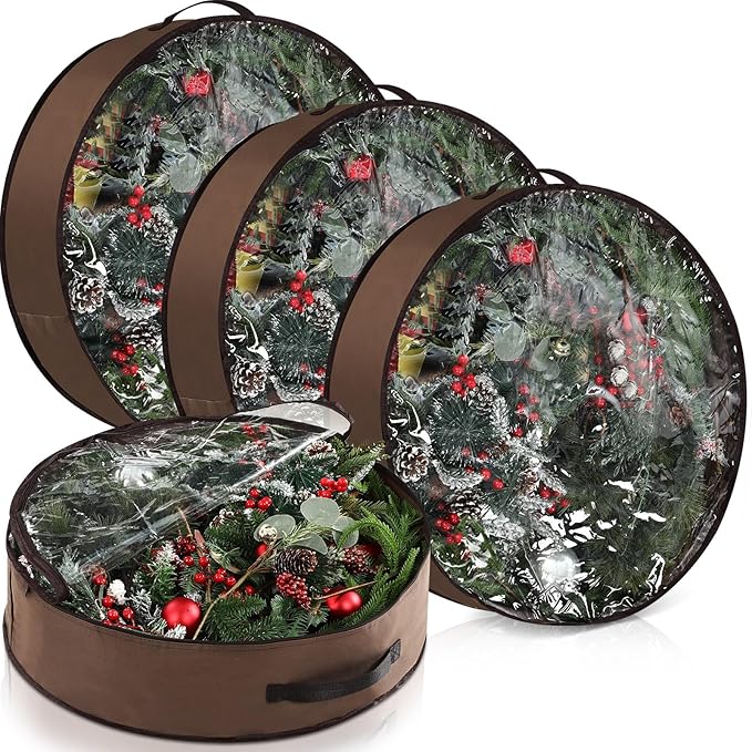 4 Pack Wreath Storage Container, 30 Inch Christmas Wreath Storage Box with Clear Window and Handles Upgrade Oxford Cloth Garland Bags with Dual Zipper for Xmas Wrapping, Brown