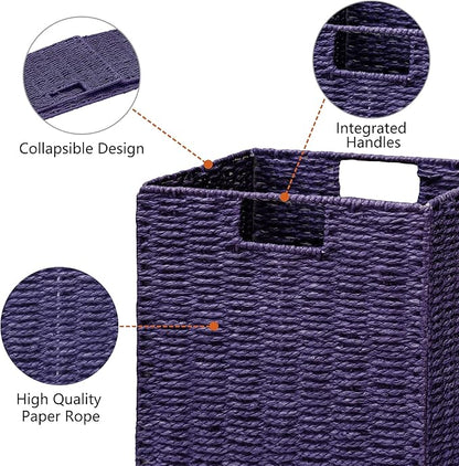 Vagusicc Wicker Storage Basket, Set of 2 Hand-Woven Wicker Basket, 11 inch Storage Basket, Foldable Cube Storage Organizer Bins, Storage Baskets for Organizing Shelves Decor, Purple (11″×11″×11″)