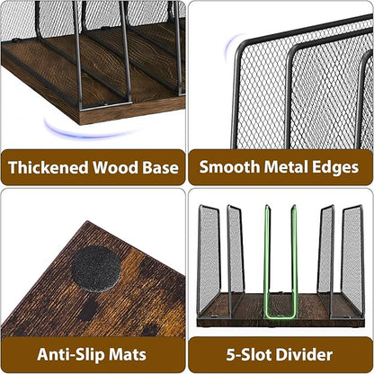 Desk File Organizer, 5-Section Upright File Sorter, Vertical File Folder Holder, Mesh Metal Wood Office Desktop Organization for Document, Magazine, Books and more (Wood and Black)