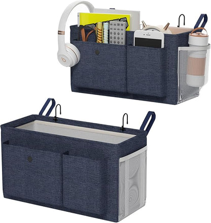 Edudif Bedside Caddy Bedside Organizer with Fixed Straps & Water Bottle Holder, Bunk Bed Caddy ideal for Home, Dorm, Hospital, Crib, Versatile Bedside Storage Solution (Navy 2pcs)