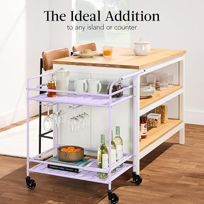 Best Choice Products Rolling Bar Cart, Mobile Home Bar Serving Cart, Serving Station w/ 2 Tier Shelves, Wine Rack, Lockable Wheels - Lavender