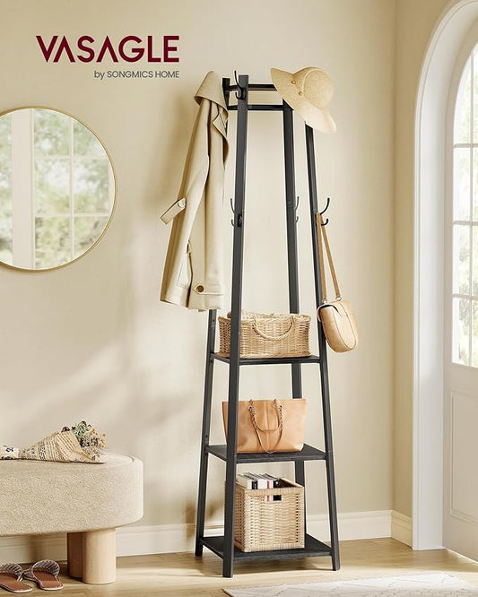VASAGLE Coat Rack, Coat Stand with 3 Shelves, Hall Tree Free Standing with Hooks for Scarves, Bags, Umbrellas, Steel Frame, Industrial Style, for Entryway, Living Room, Charcoal Gray ULCR080B03