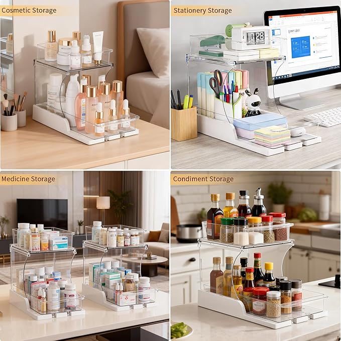 Attelite Under Sink Organizer, 2 Tier Bathroom Counter Organizer with 180° Rotating and Foldable Design, Sliding Drawers Clear Spice Rack Organizer for Cabinet, Pull Out Cabinet Organizer