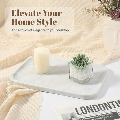 Koville Marble Tray, 12"x8" Marble Vanity Tray for Countertop Bathroom Kitchen Dresser, Decorative Catchall Trays for Perfume Jewelry, Rectangular Stone Serving Tray(Bianco Carrara)
