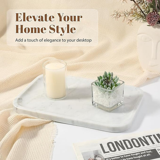 Koville Marble Tray, 12"x8" Marble Vanity Tray for Countertop Bathroom Kitchen Dresser, Decorative Catchall Trays for Perfume Jewelry, Rectangular Stone Serving Tray(Bianco Carrara)