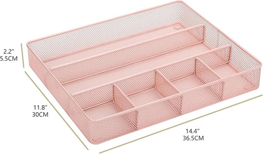 Annova Desk Top Organizer Tray for Office Organization - Metal Mesh - Storage Tray with Dividers for Pens, Desktop Accessories, Bathroom, Kitchen, Makeup and Office Supplies (Large, Light Pink)