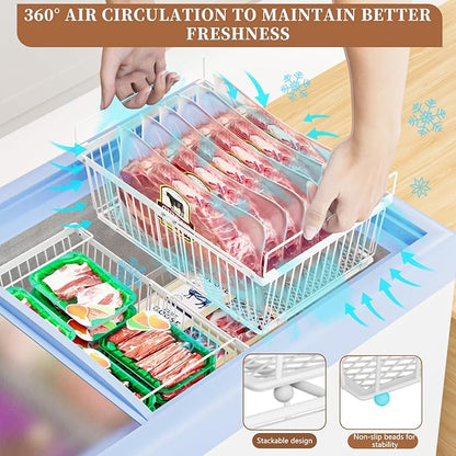 ANJUBAN Large Freezer Organizer Bins，Upgraded Bottom Leak-Proof net，2 Pack， Expandable Stackable Chest Freezer Containers with Handle，for Fridge, Deep Freezer, Cabinet, Kitchen, Pantry (White-4Pack)