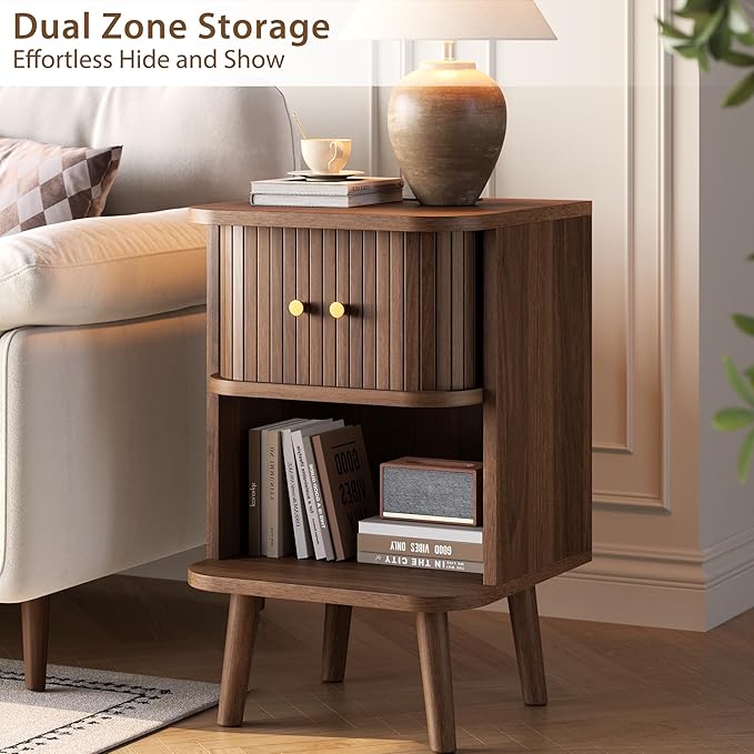 Decofy Fluted Nightstand Set of 2, Mid Century Modern Bedside Table with Charging Station, Walnut End Tables with Sliding Tambour Doors, Storage Cabinet and Open Shelf for Bedroom, Walnut
