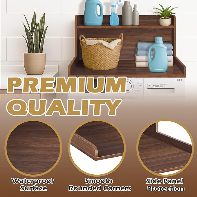 Royxen Washer Dryer Countertop with Shelf,2-Tier Laundry Countertop for Single Washer and Dryer,Soild Wood Washer Dryer Topper for Laundry Room Organization (Walnut)