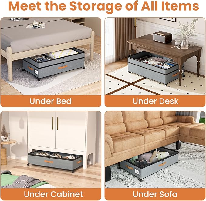 Mqaue Under Bed Storage with Wheels, 72L XXL Under the Bed Storage Containers Large, 10‘’ Tall Adjustable Storage for Underbed with Lids, Rolling for Shoes, Clothes, Blankets, Grey
