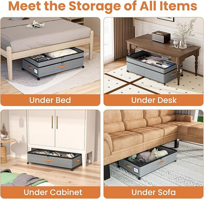 Mqaue Under Bed Storage with Wheels, 72L XXL Under the Bed Storage Containers Large, 10‘’ Tall Adjustable Storage for Underbed with Lids, Rolling for Shoes, Clothes, Blankets, Grey