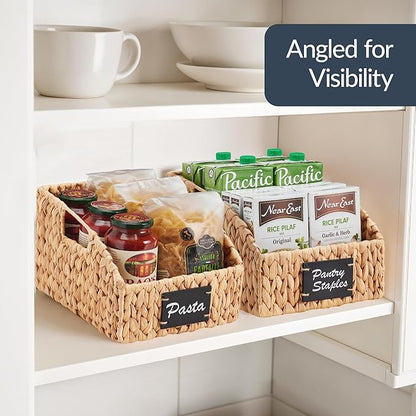 Best Choice Products Natural Hyacinth Angled Pantry Storage Baskets, Woven Wicker Storage Bins w/Handles, Storage Container Baskets for Shelves, Chalkboard Label & Marker (Pack of 2) - Natural