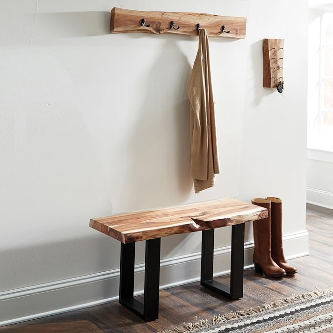 Alpine Natural Live Edge Wood 36-Inch Coat Rack – Wall-Mounted with 4 Durable Black Metal Hooks and Clear Finish for Entryway, Hallway, or Mudroom by Alaterre Furniture