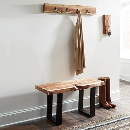 Alpine Natural Live Edge Wood 36-Inch Coat Rack – Wall-Mounted with 4 Durable Black Metal Hooks and Clear Finish for Entryway, Hallway, or Mudroom by Alaterre Furniture