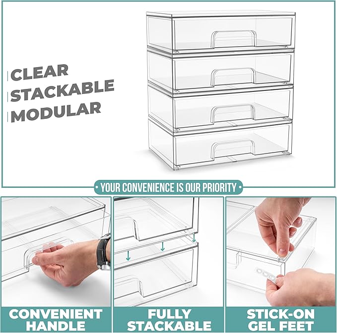 Sorbus Wide Stackable Acrylic Storage Drawers, 4 Pack Clear Plastic Organizer Bins for Baby Bottles, Makeup, Bathroom, Vanity &Countertop Organization, Pull-Out Drawer Design for Cabinets & Pantry