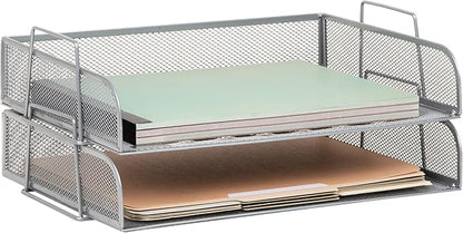 Mind Reader Stackable Paper Tray, Desktop Organizer, File Storage, Office, Metal Mesh, 13.25" L x 9.75" W x 6.25" H, 2 Pcs., Silver