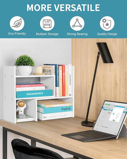 Desktop Shelf Organizer,Adjustable Stackable Office Storage Rack,Wood Display Shelf,White Small Bookshelf for Desktop,Tabletop Desk Shelf,Multipurpose Shelves for Office, Dormitory,Home Decor.