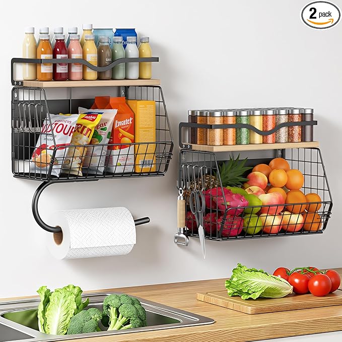Housolution 2 Pack Wall Mounted Fruit Basket with Wood Lid, Hanging Kitchen Storage Basket for Fruit and Vegetable, Potato and Onion Storage Organizer with Paper Towel Holder for Kitchen Countertop