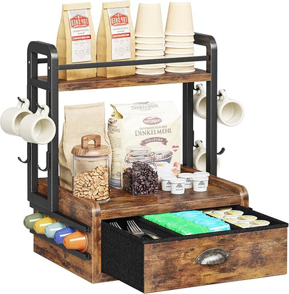 Homeiju Coffee Station Organizer, 40 Coffee Pods Storage & 8 Mug Hooks,Nespresso Pods Holder, Space-Saving Countertop Storage, Rustic Brown