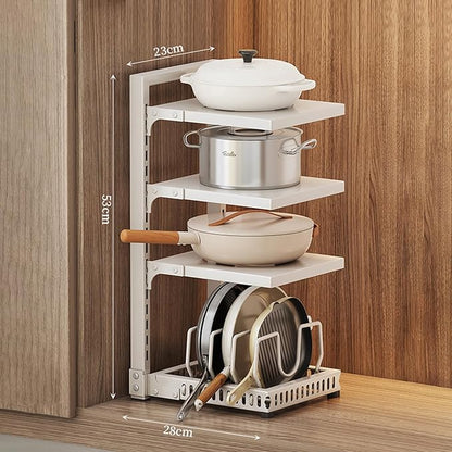 Dxcaicc Adjustable Pot Organizer Rack for Under Cabinet, Heavy Duty Storage Holder for Pots, Pans, and Lids, Space-Saving Kitchen Shelf Organizer,White,Fourth Layer
